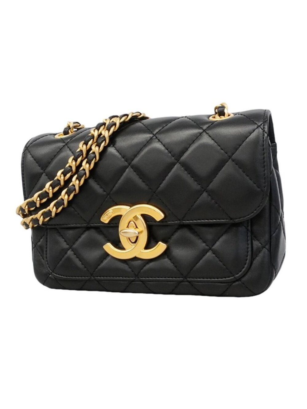 Chanel Shoulder Bag Quilted Lambskin Black Gold